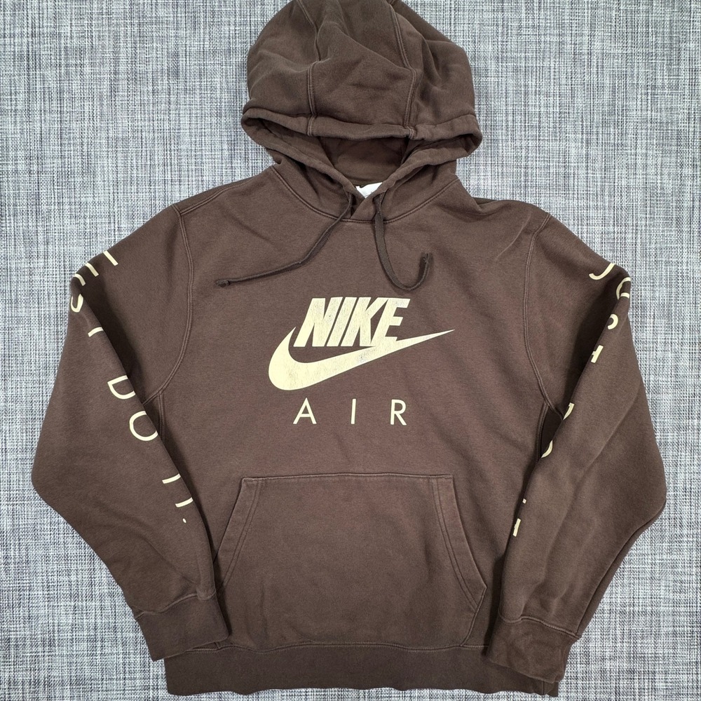 Nike Air Mens Large Brown Fleece Pullover Hoodie Just Do It Sleeve Graphic Logo